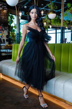 Butterfly Black Tulle Midi Dress
