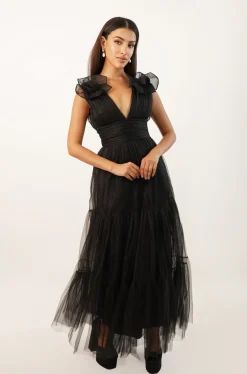 Chana Plunge Corsage Maxi Dress In Black