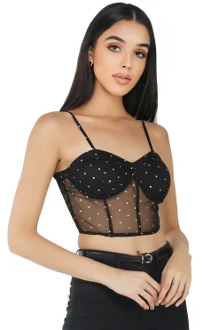 Eliza Gold Printed Corset Mesh Bralet Top In Black