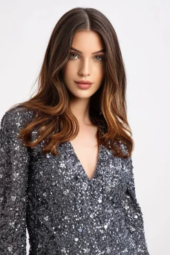 Gwen Grey Long Sleeve Embellished Mini Dress