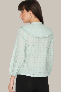 Jerri Cotton Broderie Shirt In Pastel Green