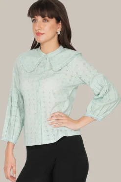 Jerri Cotton Broderie Shirt In Pastel Green