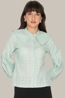 Jerri Cotton Broderie Shirt In Pastel Green