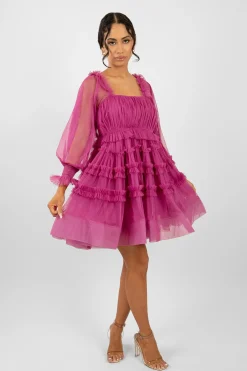 Jessica Tulle Smock Mini Dress In Vivid Purple