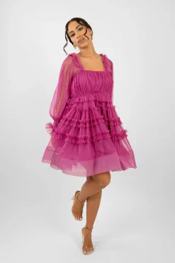 Jessica Tulle Smock Mini Dress In Vivid Purple