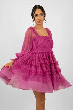 Jessica Tulle Smock Mini Dress In Vivid Purple