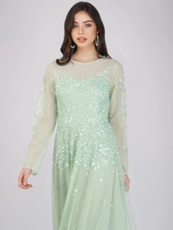 Luciene Long Sleeve Embellished Maxi Dress In Mint