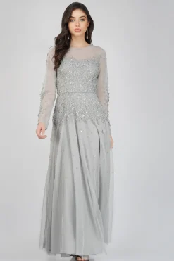 Luciene Long Sleeve Embellished Maxi Dress In Grey