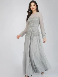 Luciene Long Sleeve Embellished Maxi Dress In Grey