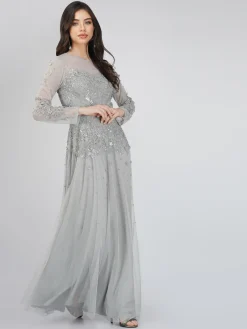 Luciene Long Sleeve Embellished Maxi Dress In Grey
