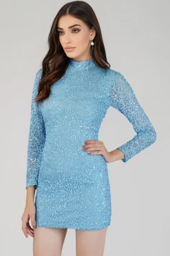 Mady Long Sleeve Sequin Mini Dress In Light Blue