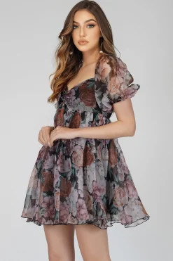 Melanie Dark Floral Puff Sleeve Mini Dress