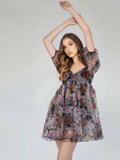 Melanie Dark Floral Puff Sleeve Mini Dress