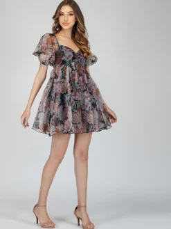 Melanie Dark Floral Puff Sleeve Mini Dress