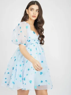 Melanie Puff Sleeve Dress In Blue Heart