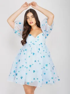 Melanie Puff Sleeve Dress In Blue Heart