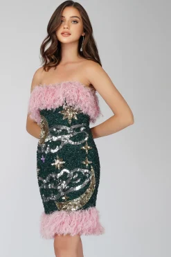 Midnight Sequin Feather Mini Dress In Emerald Green