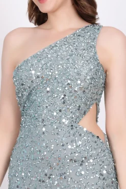 Naeve One Shoulder Sequin Dress In Teal
