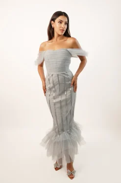 Neros Dusty Blue Off Shoulder Midi Dress