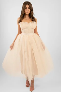 Nimo Cream Tulle Midi Dress With Shell Cups