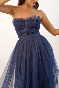 Nimo Dark Blue Tulle Midi Dress With Shell Cups
