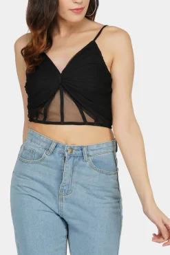 Olivia Bow Mesh Top In Black