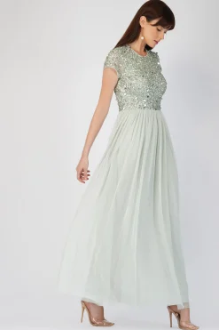 Picasso Short Sleeve Sage Green Embellished Dress
