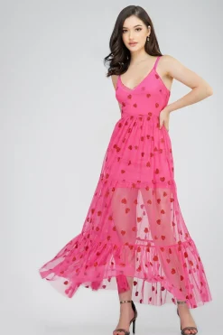 Poppy Sheer Heart Dress In Bright Pink