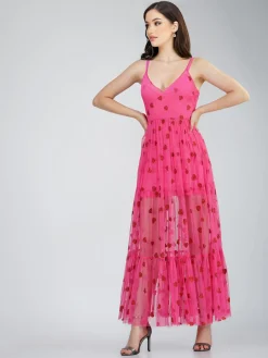 Poppy Sheer Heart Dress In Bright Pink