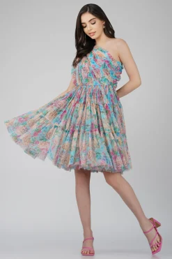 Roka Floral One Shoulder Mini Dress In Blue