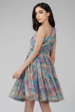 Roka Floral One Shoulder Mini Dress In Blue