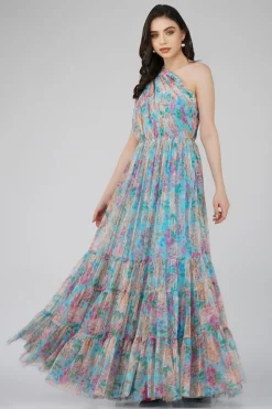 Roka Floral One Shoulder Maxi Dress In Blue