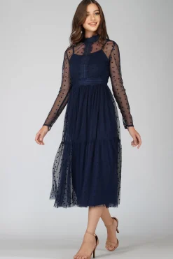 Roman Lola Polka Dot Midi Dress In Navy Blue