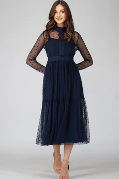 Roman Lola Polka Dot Midi Dress In Navy Blue