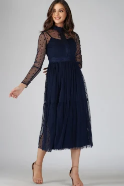 Roman Lola Polka Dot Midi Dress In Navy Blue