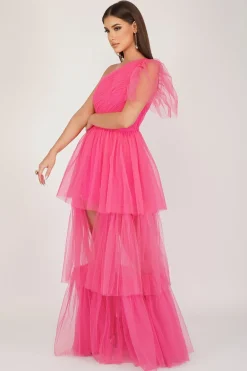 Rowena Bright Pink One Shoulder Tulle Gown