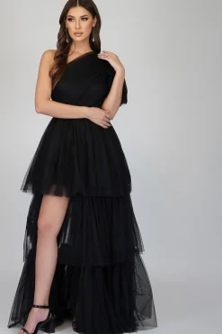 Rowena One Shoulder Tulle Gown In Black