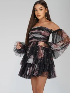 Roxanne Dark Print Tulle Mini Dress
