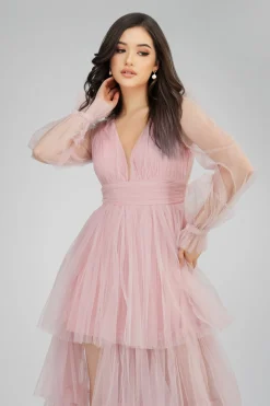 Salma Long Sleeve Tulle Maxi Dress In Pink