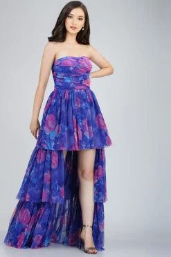 Shiloh High Low Tulle Dress In Blue Print