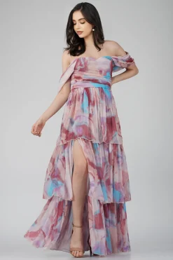 Sydney Chiffon Maxi Dress In Burgundy Print