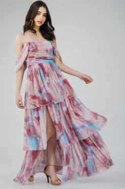 Sydney Chiffon Maxi Dress In Burgundy Print