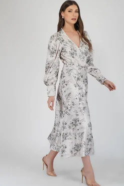 Talia Champagne Satin Wrap Midi Dress