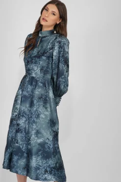 Taylor Long Sleeve Satin Midi Dress In Blue