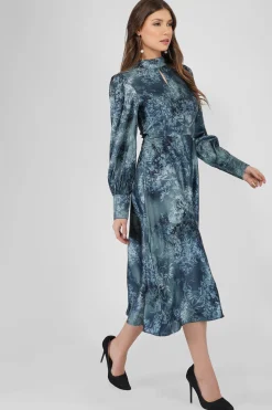Taylor Long Sleeve Satin Midi Dress In Blue