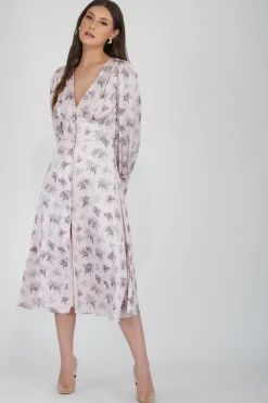 Tessa Long Sleeve Satin Midi Dress In Pink