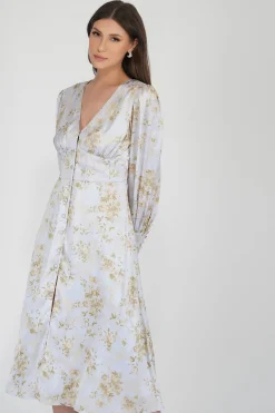 Tessa Long Sleeve Satin Midi Dress In Champagne