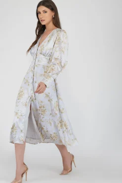 Tessa Long Sleeve Satin Midi Dress In Champagne