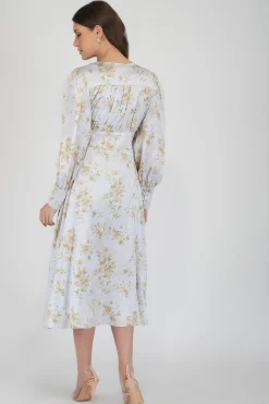 Tessa Long Sleeve Satin Midi Dress In Champagne