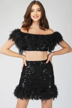 Zuri Sequin Black Feather Top